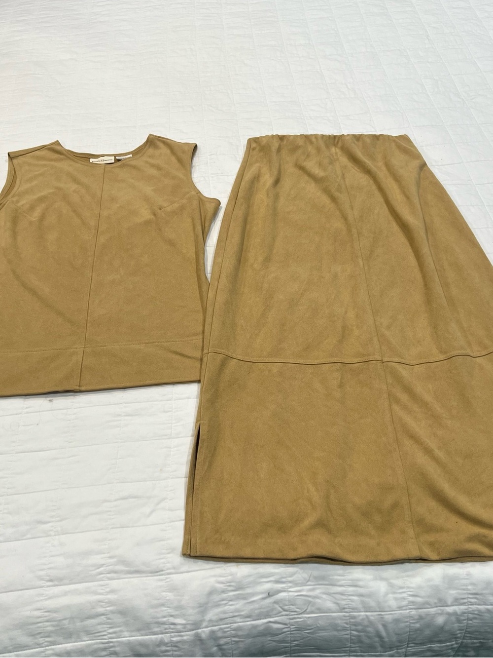 two-piece camel faux suede skirt set is from the Jaclyn Smith fashion line
